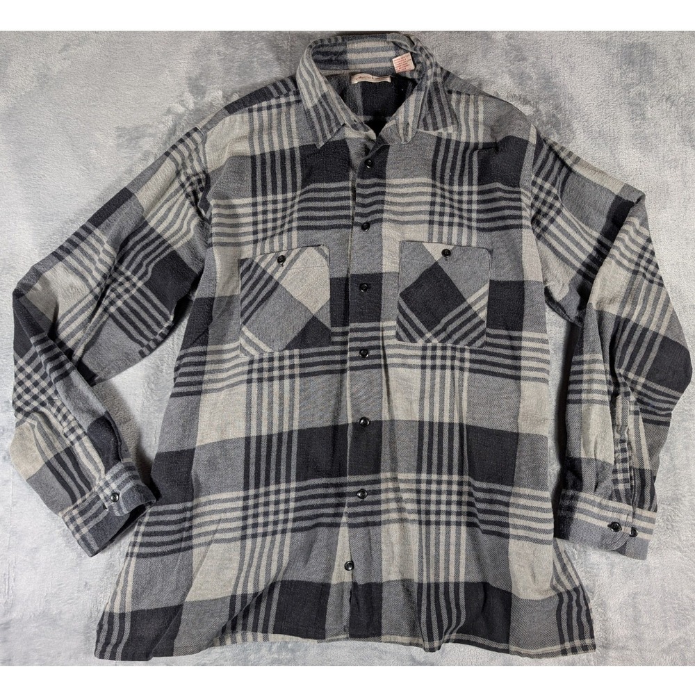 Vintage Chess King XL Flannel Shirt Gray Black Plaid Cotton Made in USA 90s